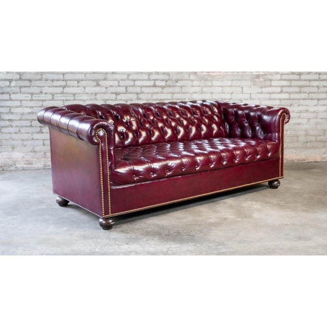 Animal Skin Late 20th Century English Traditional Chesterfield Tufted Oxblood Leather Sofa For Sale - Image 7 of 18