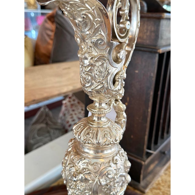 Monumental Silvered Metal Figural Ewer & Underplate With Classical Relief Decoration For Sale In New Orleans - Image 6 of 11