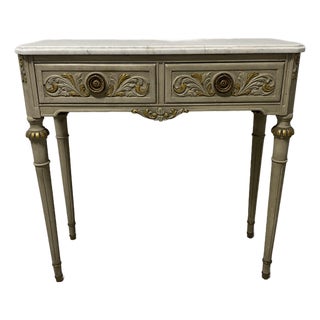 Vintage Louis XVI Style Painted Gilt Marble-Top Narrow Console Table For Sale