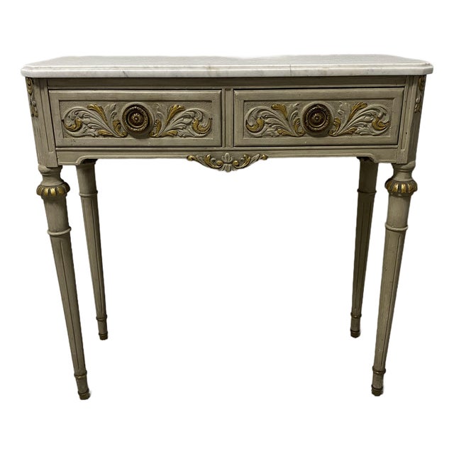 Vintage Louis XVI Style Painted Gilt Marble-Top Narrow Console Table For Sale
