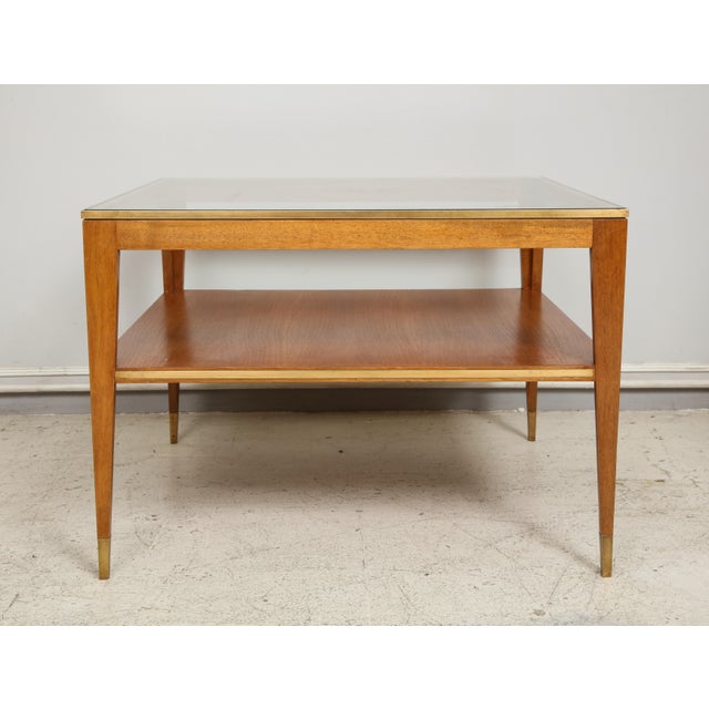 Mid-Century Modern Italian Two-Tiered Cocktail Table With Bronze Trim on Tapered Legs For Sale - Image 3 of 7