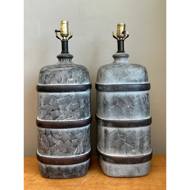 Vintage Geometric Ceramic Table Lamps - Pair For Sale - Image 9 of 12