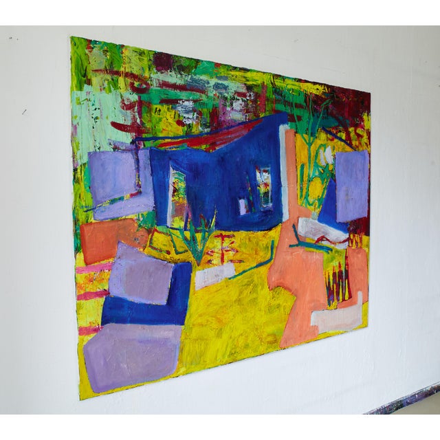 Simon Findlay's painting presents a vivid, abstracted landscape centered around a deep blue house-like structure with a...