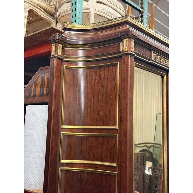 Metal Directoire Louis XVI Style Bronze and Brass Trimmed Beveled Mirror Armoire For Sale - Image 7 of 13