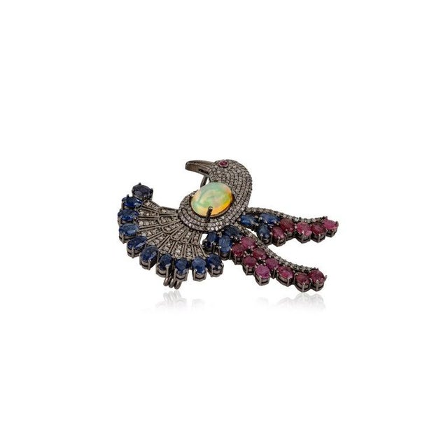 Vintage-Inspired Opal Ruby Sapphire and Diamond Bird Brooch Cum Pendant For Sale - Image 4 of 12