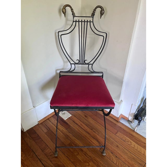 Art Deco Maison Jansen Style Brass Swan and Black Lyre Back Folding Chair With Paw Feet For Sale - Image 3 of 10