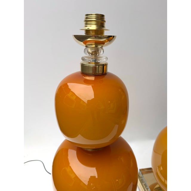 Contemporary Pair of Brass and Orange Murano Glass Bulbs Lamps, Italy For Sale - Image 11 of 13