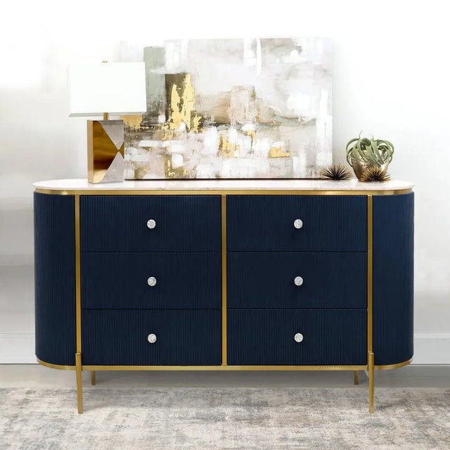 Pasargad Home Theodore White Marble Top Sideboard With 6 Drawer, Navy For Sale - Image 9 of 10