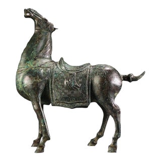 Bronze Horse Figure - Archaic Style Statue With Saddle For Sale