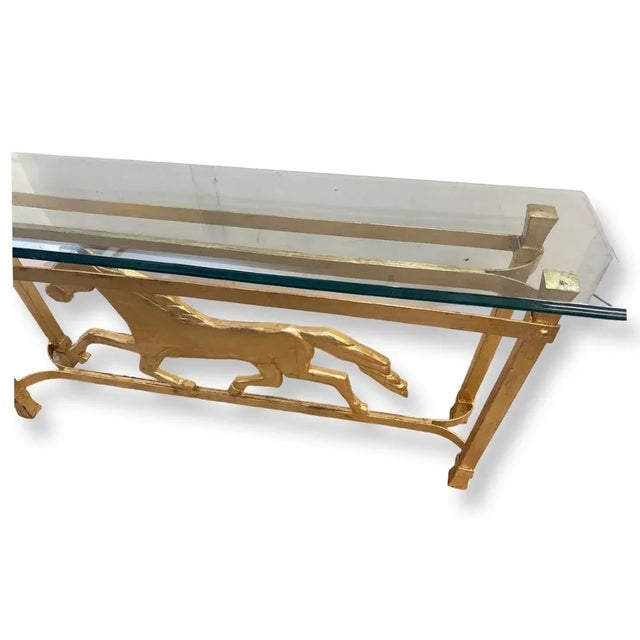Figurative Vintage Gilded Iron Glass Top With Horse Design Console Table For Sale - Image 3 of 4