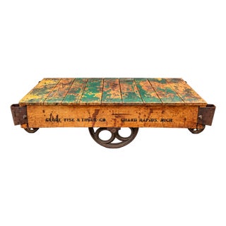 Early 20th Century Globe Vise & Truck Co. Industrial Original Patina Green Oak Factory Cart For Sale