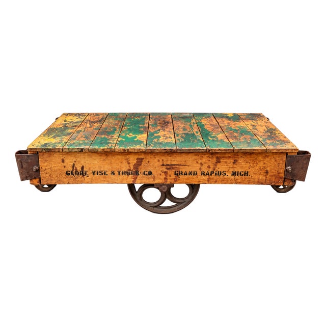 Early 20th Century Globe Vise & Truck Co. Industrial Original Patina Green Oak Factory Cart For Sale