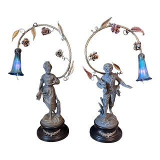 1930s Set of Two Spelter Statue Table Lamps For Sale