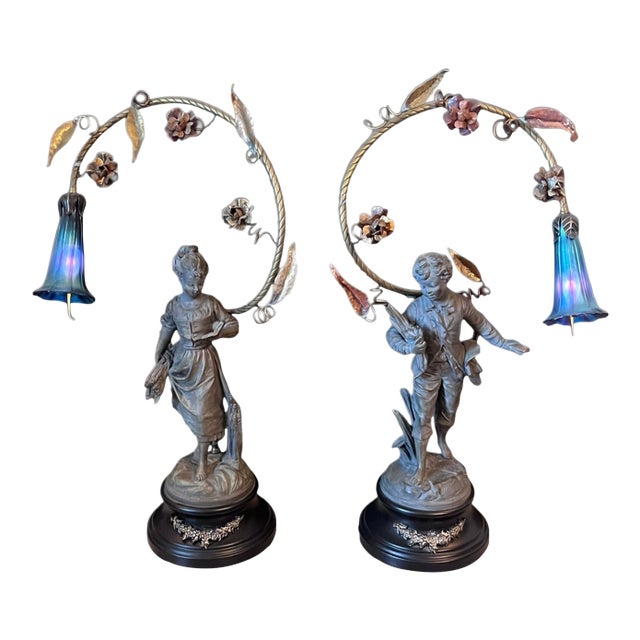 1930s Set of Two Spelter Statue Table Lamps For Sale
