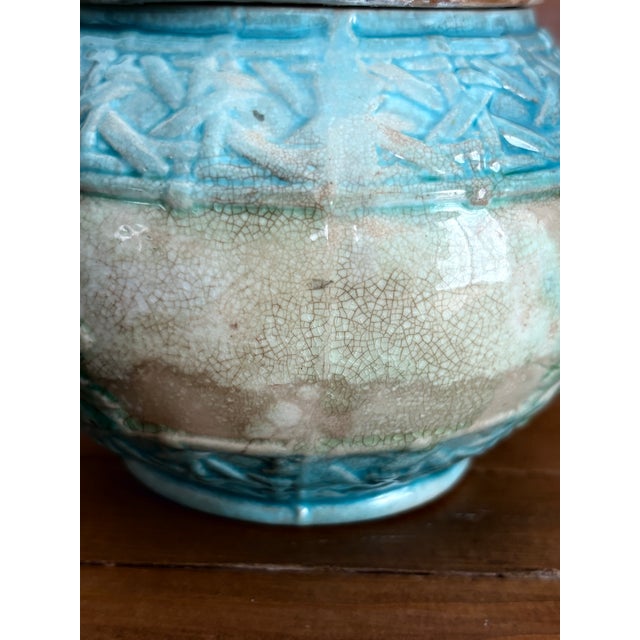 Traditional Vintage Majolica Biscuit Jar With Turquoise Glaze & Floral Relief For Sale - Image 3 of 9