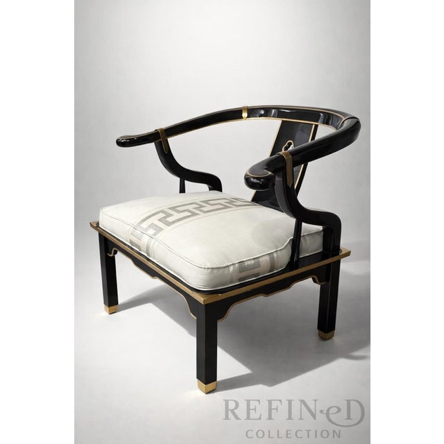 1980s 1980s Pair of James Mont–Style Black Lacquer & Brass Lounge Chairs by Century Furniture in Colefax & Fowler Silk For Sale - Image 5 of 16