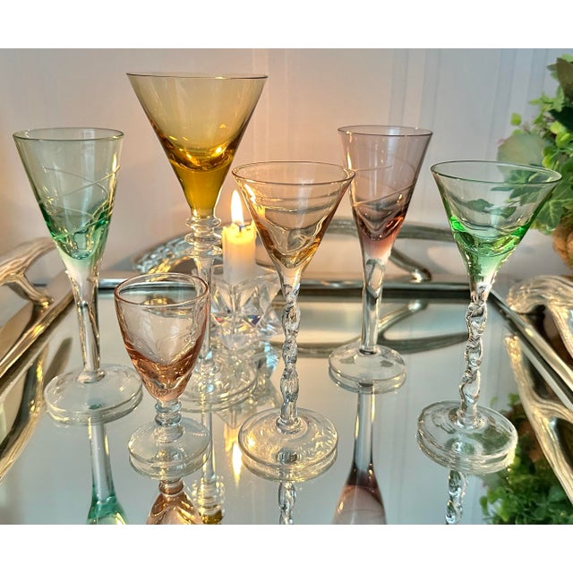 Metal Mid 20th Century Colored Cordial Aperitif Glasses on Silver Mirrored Serving Tray Set- 19 Pieces For Sale - Image 7 of 12