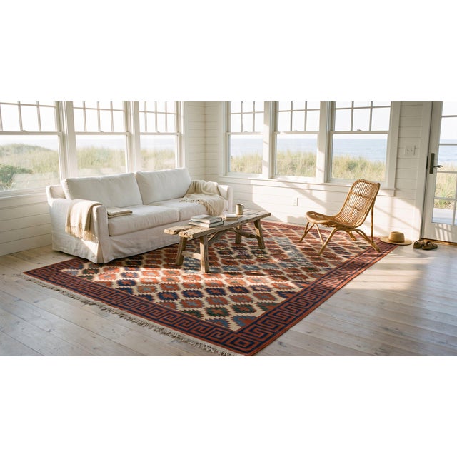 1940s Earth Tone Medallion Tribal Antique Dhurrie Kilim Cotton Rug 8' 9''x 13' 8'' Carpet For Sale - Image 9 of 11