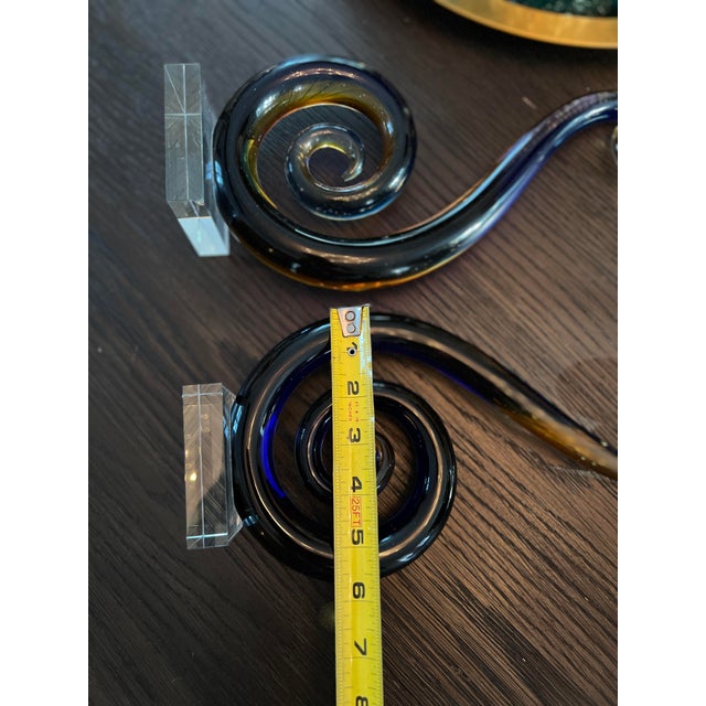Glass Set of 2 Contemporary Colored Blue Clear Gold Glass Sculptures For Sale - Image 7 of 10