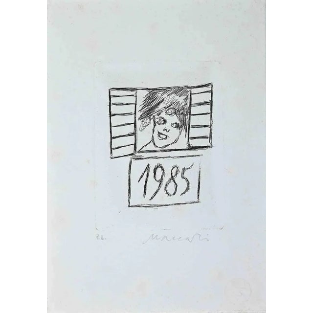 Happy 1985 is an original print realized by Mino Maccari in 1985. Beautiful black and white etching on ivory-colored...