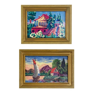 Vintage 1960s Gilt-Framed Needlepoint Landscape Artwork - a Pair For Sale