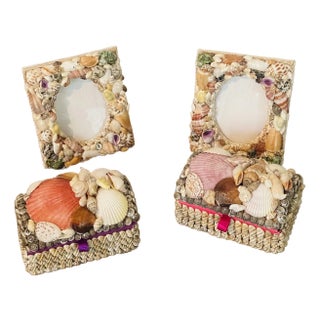 Sea Shell Encrusted Pair of Frames and Pair Treasure Boxes Maitland Style For Sale