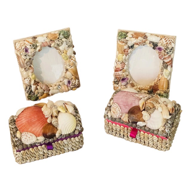 Small Sea Shell Encrusted Pair of Frames and Pair Treasure Boxes Maitland Style For Sale