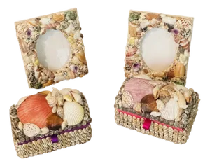 Small Sea Shell Encrusted Pair of Frames and Pair Treasure Boxes Maitland Style