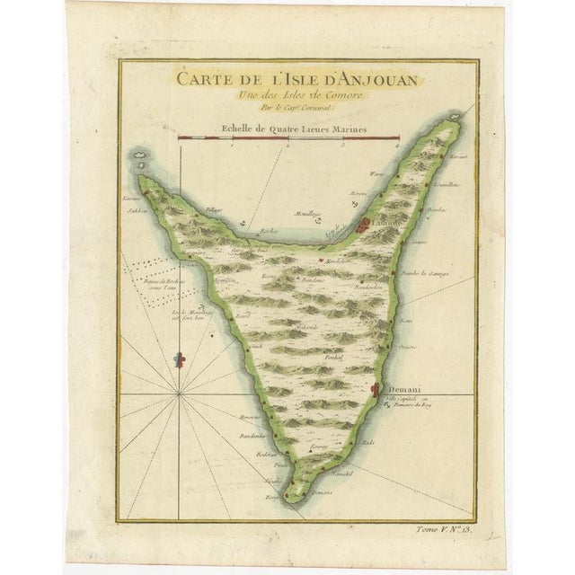 This finely engraved French sea chart depicts the island of Anjouan (Ndzuwani), one of the Comoros Islands in the western...