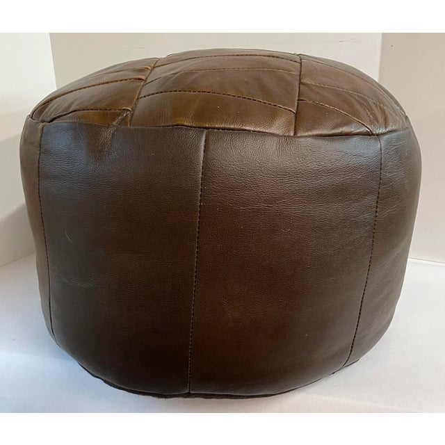 Vintage Brown. Leather Poof Footstool For Sale - Image 4 of 8