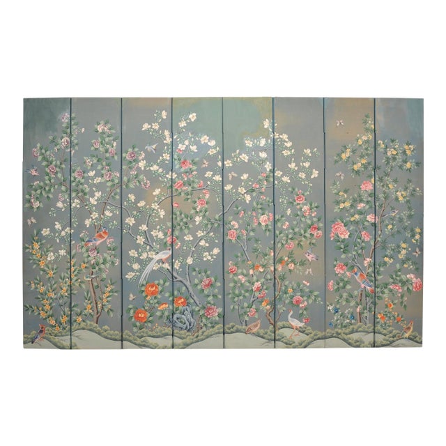 Gracie Style 8 Panel Chinoiserie Painted Wallpaper Screen 12 Ft For Sale