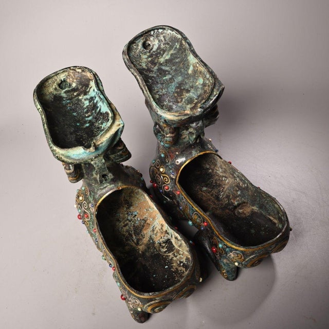 Pair of Antique Bronze Ram Vessels With Gold and Silver Inlay, 3800g Total For Sale - Image 9 of 10