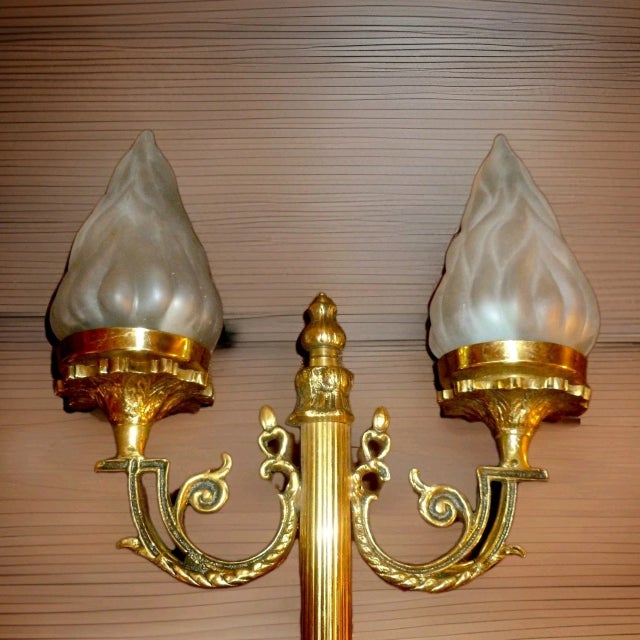 1920s Antique French Regency Brass/ Bronze Hand Held Torch Wall Sconce With Flame Shades For Sale - Image 5 of 18
