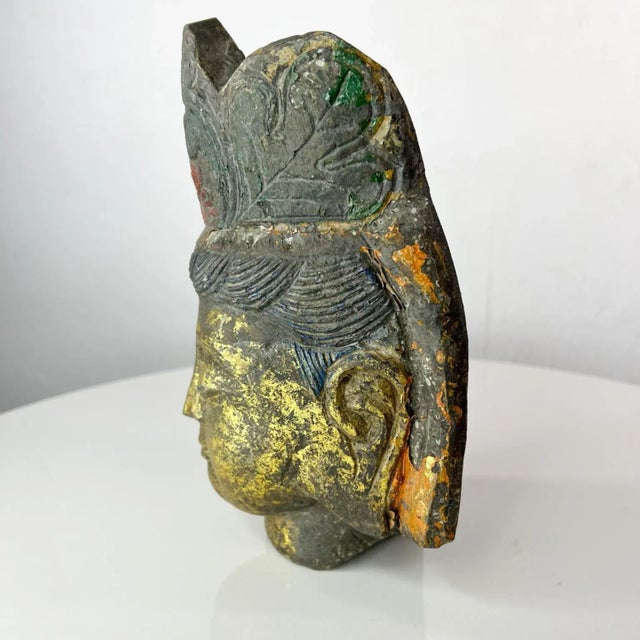 Salvaged Stone Golden Buddha Head Sculpture Ornately Carved Crown For Sale - Image 10 of 13