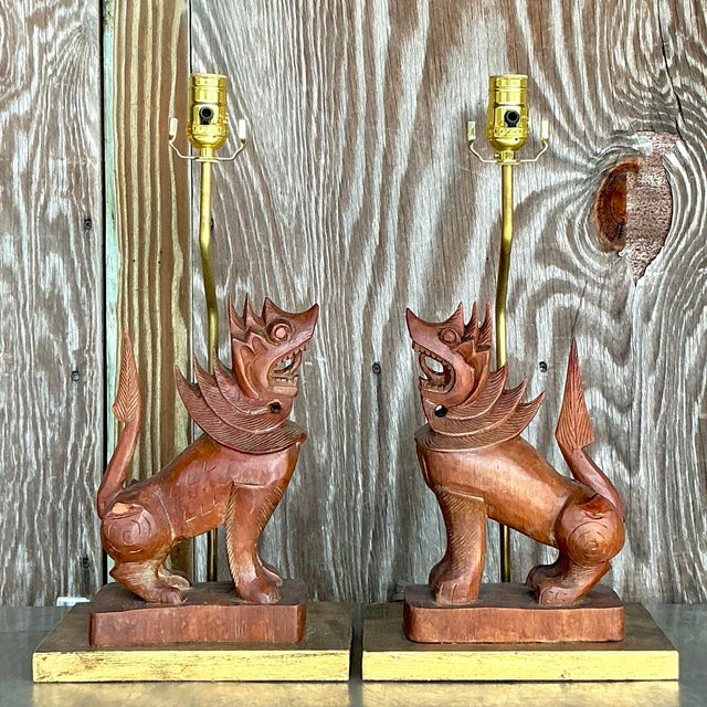 Vintage Boho Carved Wood Lion Lamps - a Pair For Sale In West Palm - Image 6 of 7