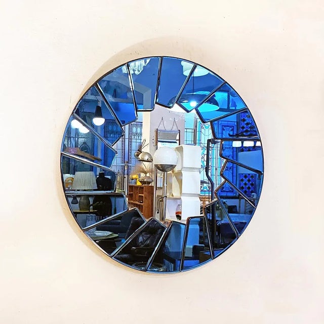 Mid-Century Modern Mid-Century Modern Italian Blue Round Mirror with Glass Frame, 1960s For Sale - Image 3 of 9