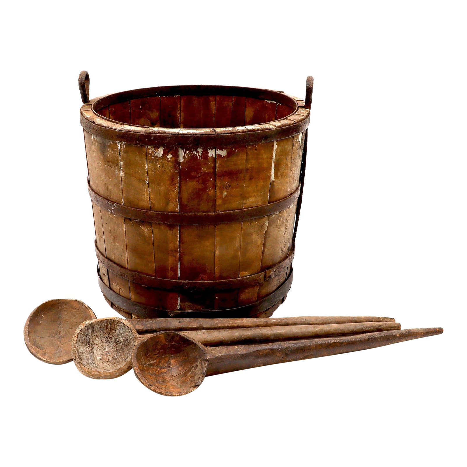Decorative Antique Wood Well Bucket & Carved Wood Ladles Chairish