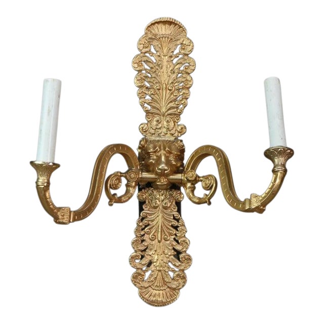 Early 20th Century Gilt Bronze Figural Two-Light Wall Sconce With Lion Head For Sale