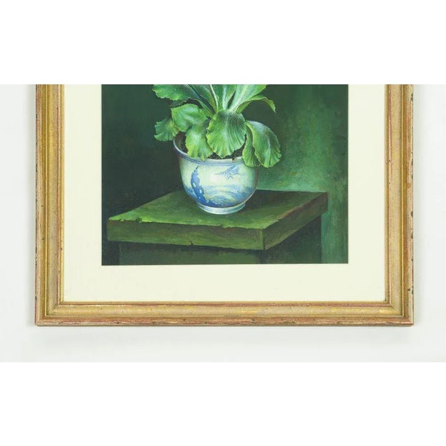 Wood 1980s Green and Yellow Auricula in Blue and White Bowl Gouache Painting by Jose Escofet For Sale - Image 7 of 9