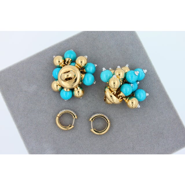 Blue Turquoise Diamonds Golden Sphere Bells Motif Two Tone Gold Huggie Earrings, A Pair For Sale - Image 11 of 14