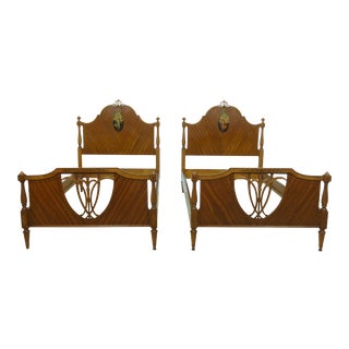 Pair Vintage Irwin Twin Size Satinwood Paint Decorated Beds For Sale