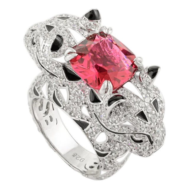 Panther Animal Statement Unisex Silver Ring With Chunky Zircon- Size 8 For Sale