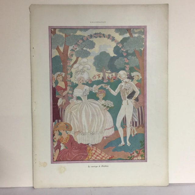 A really beautiful color print, Le marriage de Delphine by George Barbier from a vintage French publication. Illustrates a...