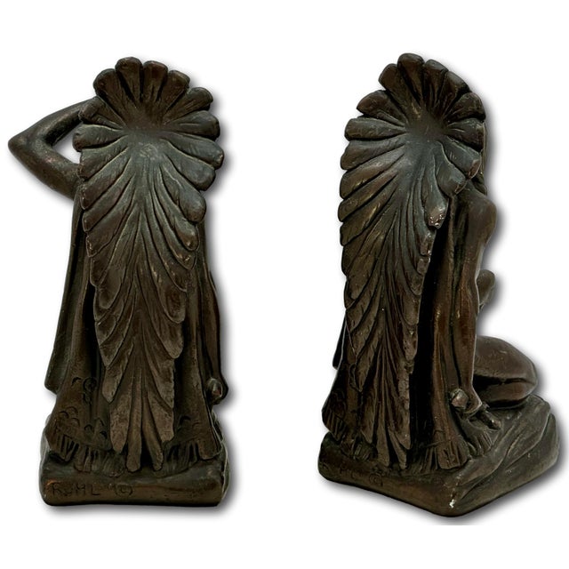 Large & Unusual Antique Native American Indian Motif Bronze Clad Bookends Signed Ruhl - Circa 1910s For Sale - Image 14 of 18