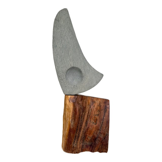 Vintage Modern Granite Brass and Wood Abstract Minimalist Sculpture For Sale