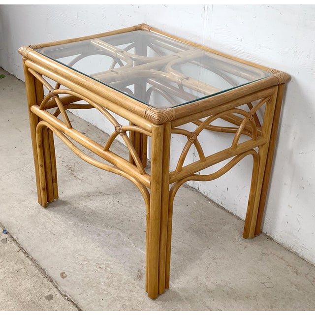 Tan Vintage Bent Rattan & Glass Side Table With Arch Apron Detail, Circa 1970s–1980s For Sale - Image 8 of 12