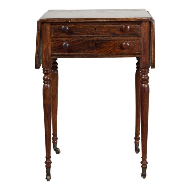 English Regency Rosewood Two-Drawer Drop-Leaf Work Table With Brass and Satinwood Inlay, Circa 1820–1840 For Sale