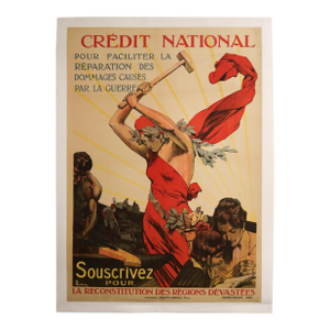 1920 French Vintage Propaganda Poster - Credit Nationale, Marianne With a Hammer (Linen Backed)