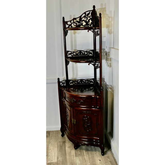 Oriental Style Carved Corner Etagere with Cupboard and Drawer, 1970s For Sale - Image 6 of 9