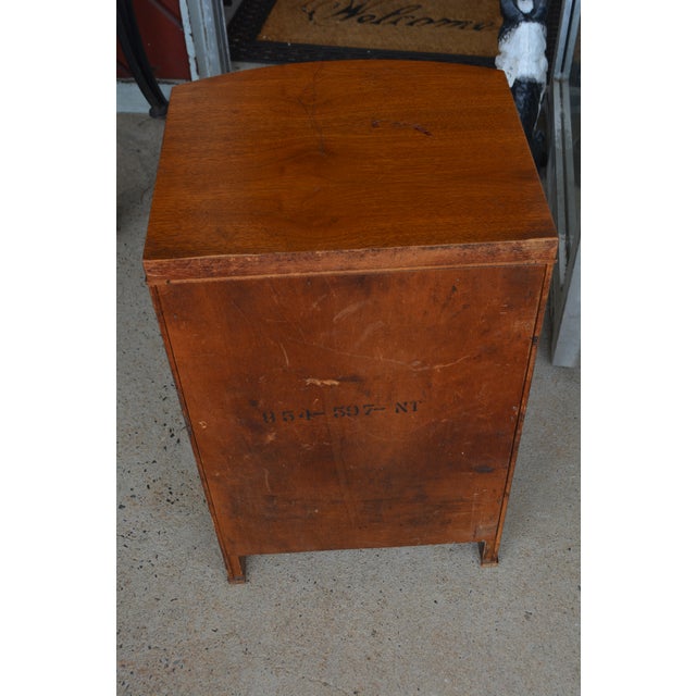 1950s Vintage Mid Century Curved Front Wooden Nightstand W/ Cupboard & Drawer Brass Hardware For Sale - Image 12 of 12